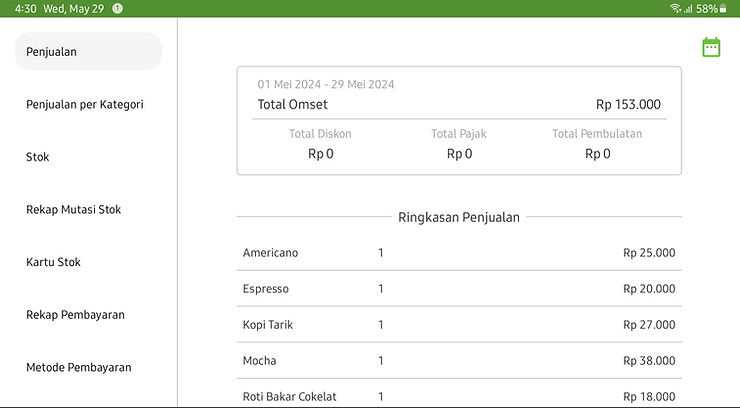 Tampilan antarmuka fitur Laporan pada aplikasi kasir restoran nutapos, diakses melalui tablet.