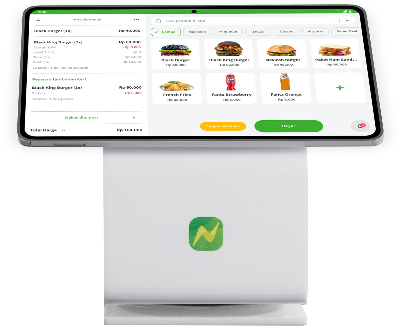 Tampilan aplikasi kasir tablet Android dan stand Nutapos