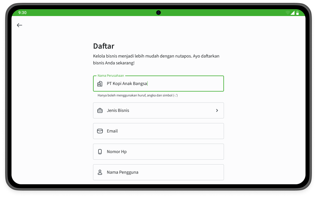 Isi formulir untuk mendaftarkan bisnis anda di Aplikasi Nutapos