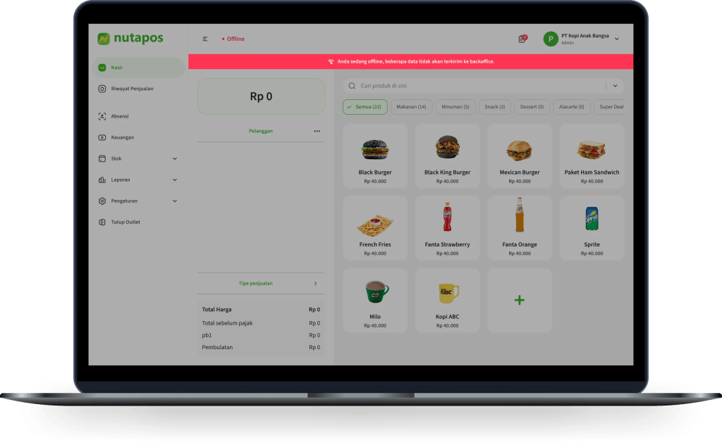 Tampilan fitur kasir ketika online/offline di sistem POS berbasis web