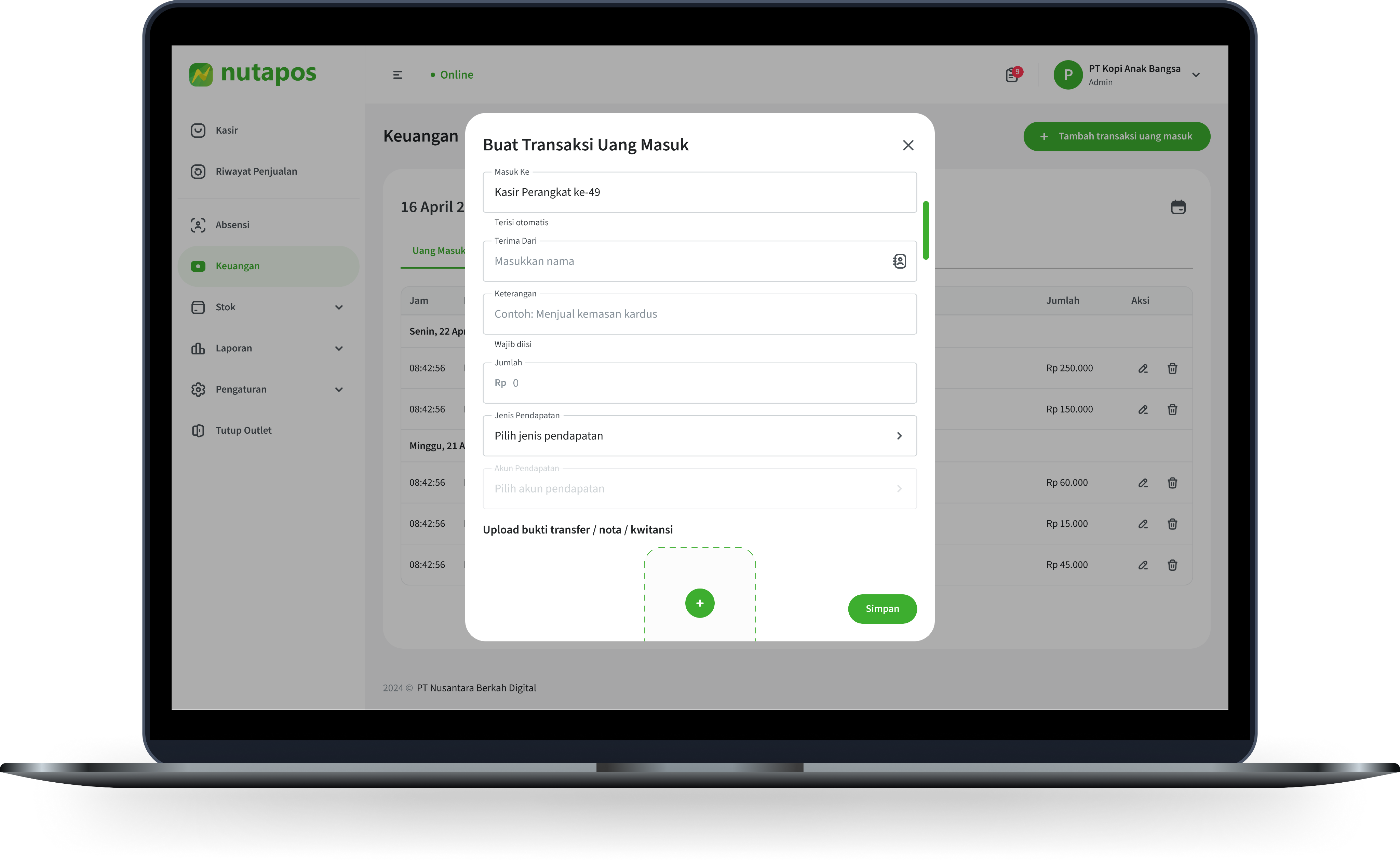 Tampilan riwayat uang masuk dan keluar di aplikasi kasir Nutapos