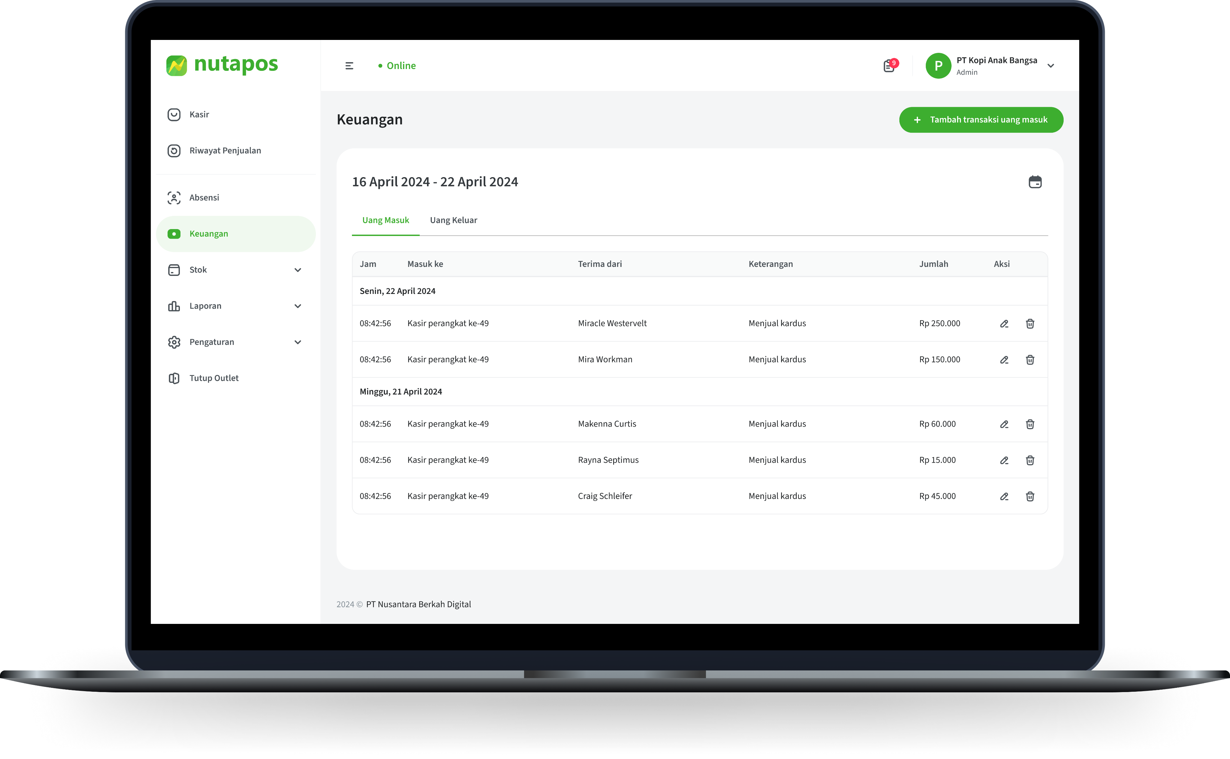 Tampilan riwayat uang masuk dan keluar di aplikasi kasir Nutapos