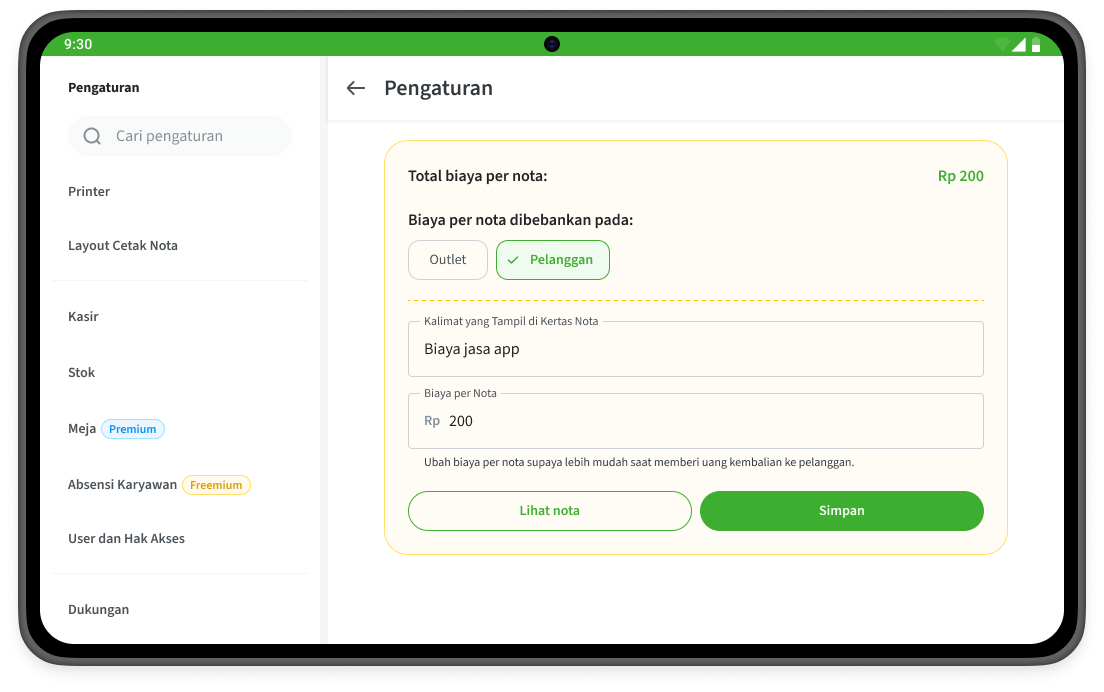 Tampilan pengaturan untuk Biaya Per Nota Dibebankan pada Pelanggan
