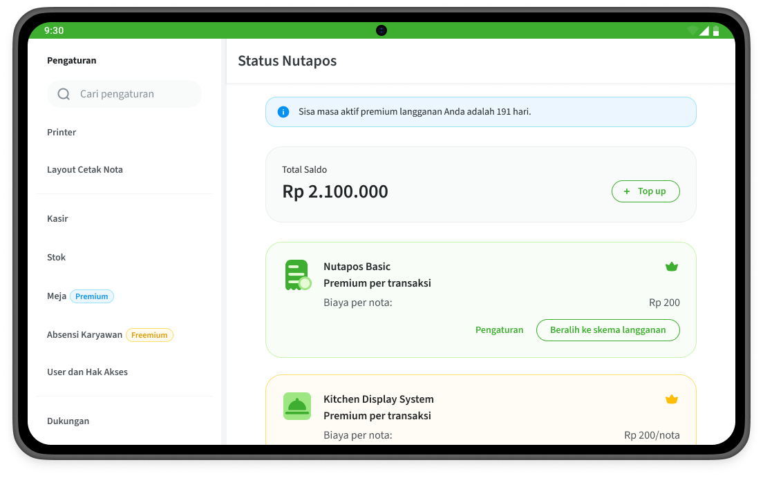Menu status nutapos untuk pengaturan biaya per transaksi