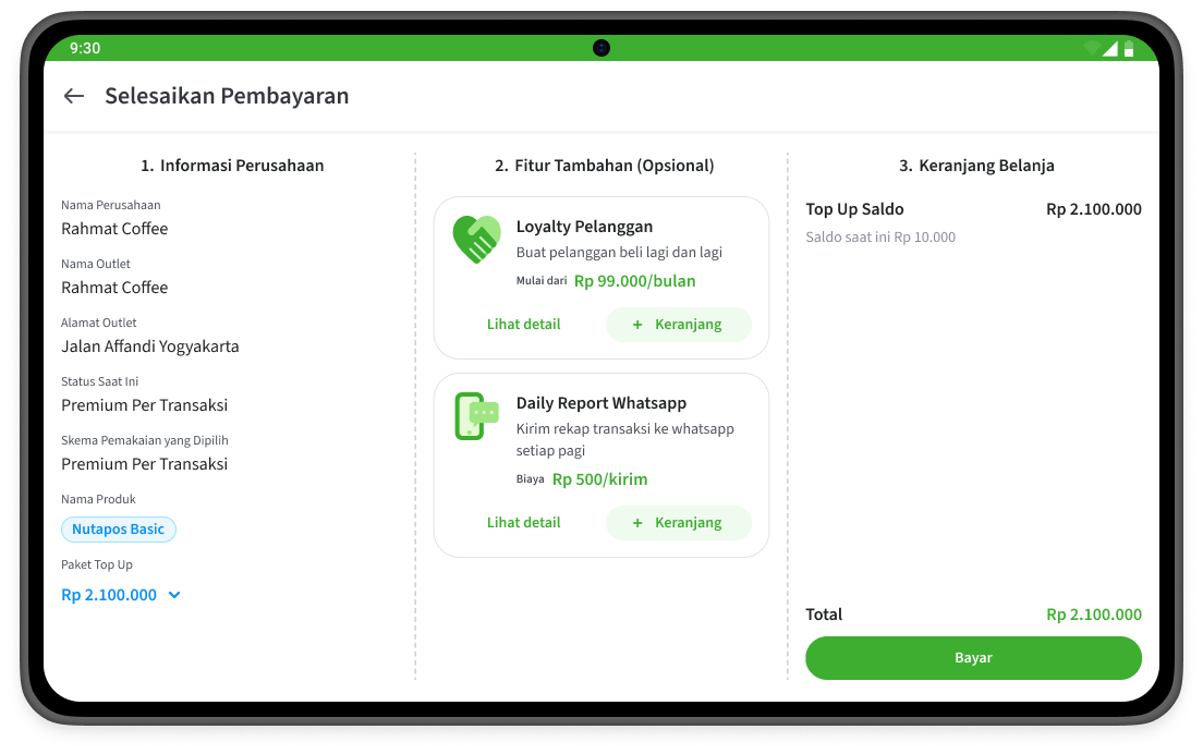 Periksa detail pembayaran dan Fitur Tambahan sebelum menyelesaikan top up