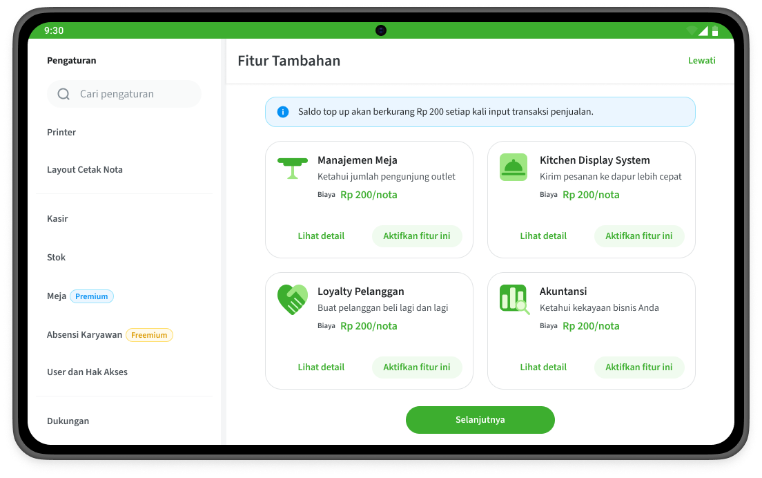 Tampilan menu fitur tambahan pada aplikasi Nutapos