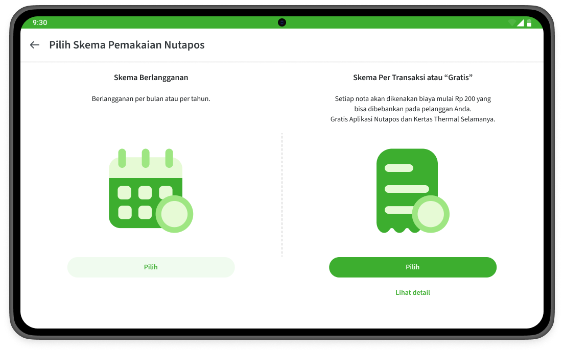 Tampilan menu untuk memilih skema pemakaian aplikasi nutapos
