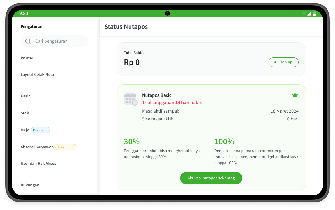 Tampilan menu status Nutapos pada aplikasi versi tablet