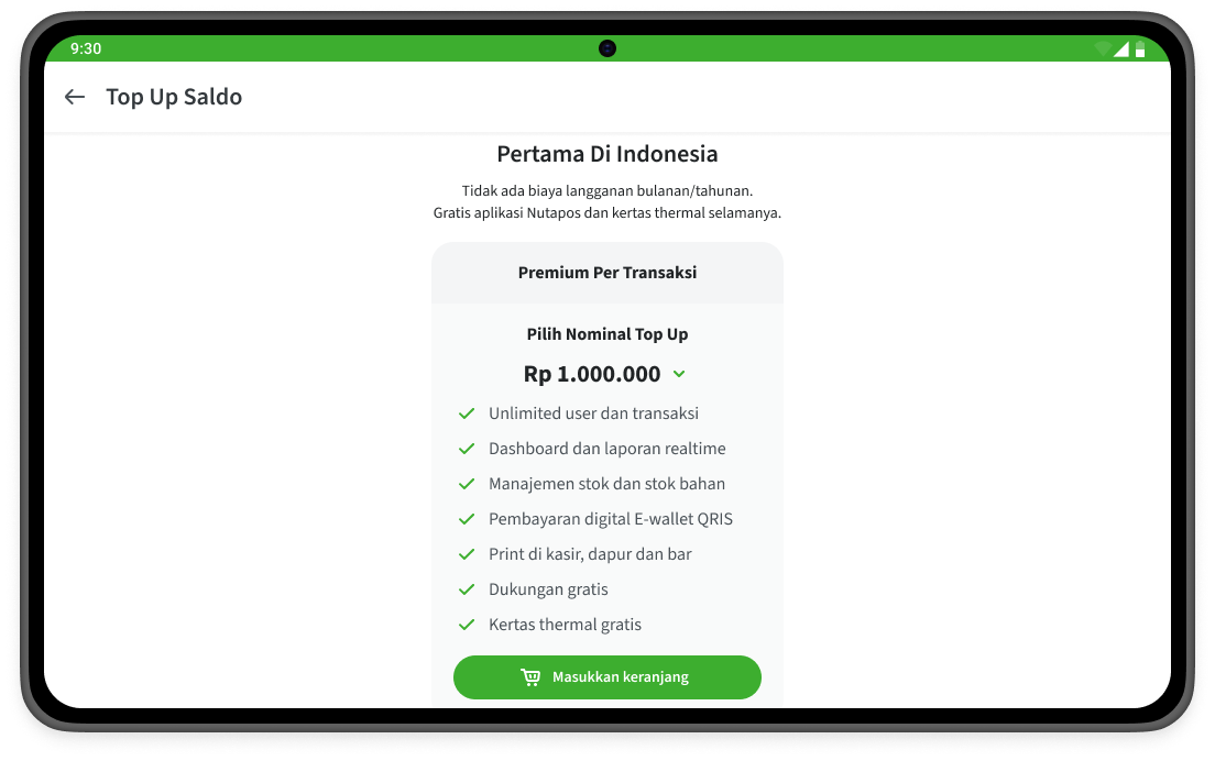 Tampilan menu untuk top up saldo aplikasi Nutapos