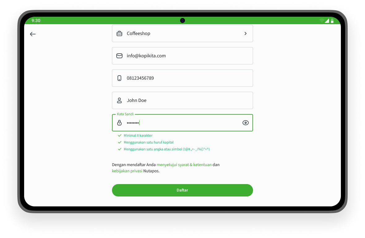 Isi data pengguna (email, WhatsApp, nama dan password akun Nutapos)