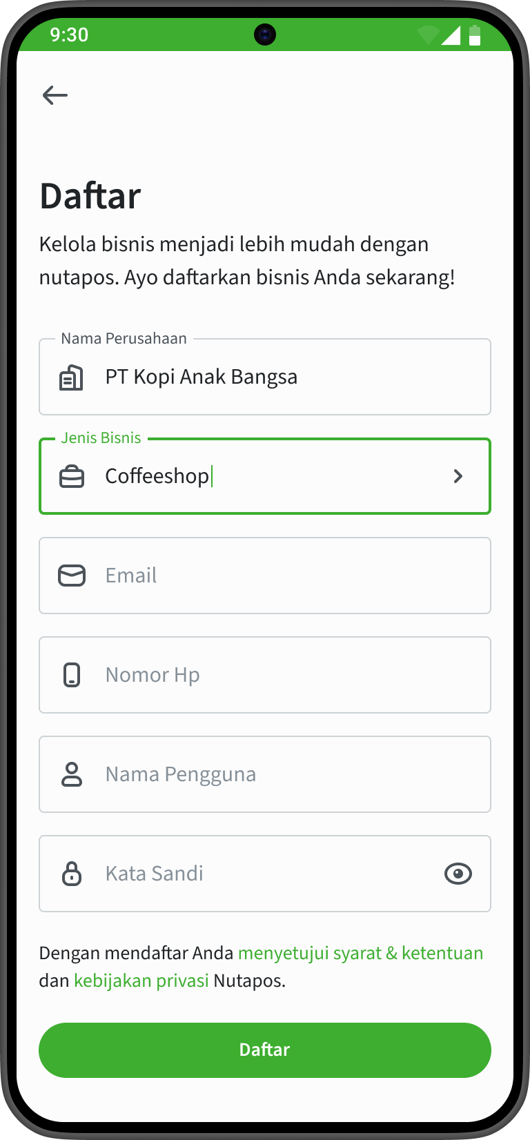 Masukkan nama usaha dan pilih jenis bisnis Anda di aplikasi kasir Android Nutapos