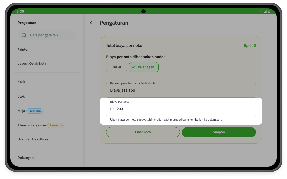 Tampilan untuk mengubah biaya per nota pada aplikasi Nutapos