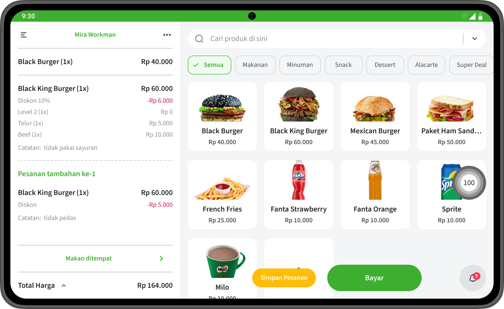 Tampilan layar aplikasi kasir tablet Android Nutapos