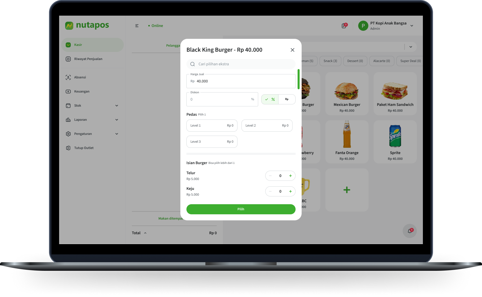 Pengaturan diskon, pajak, varian produk, dan pilihan tambahan di Nutapos