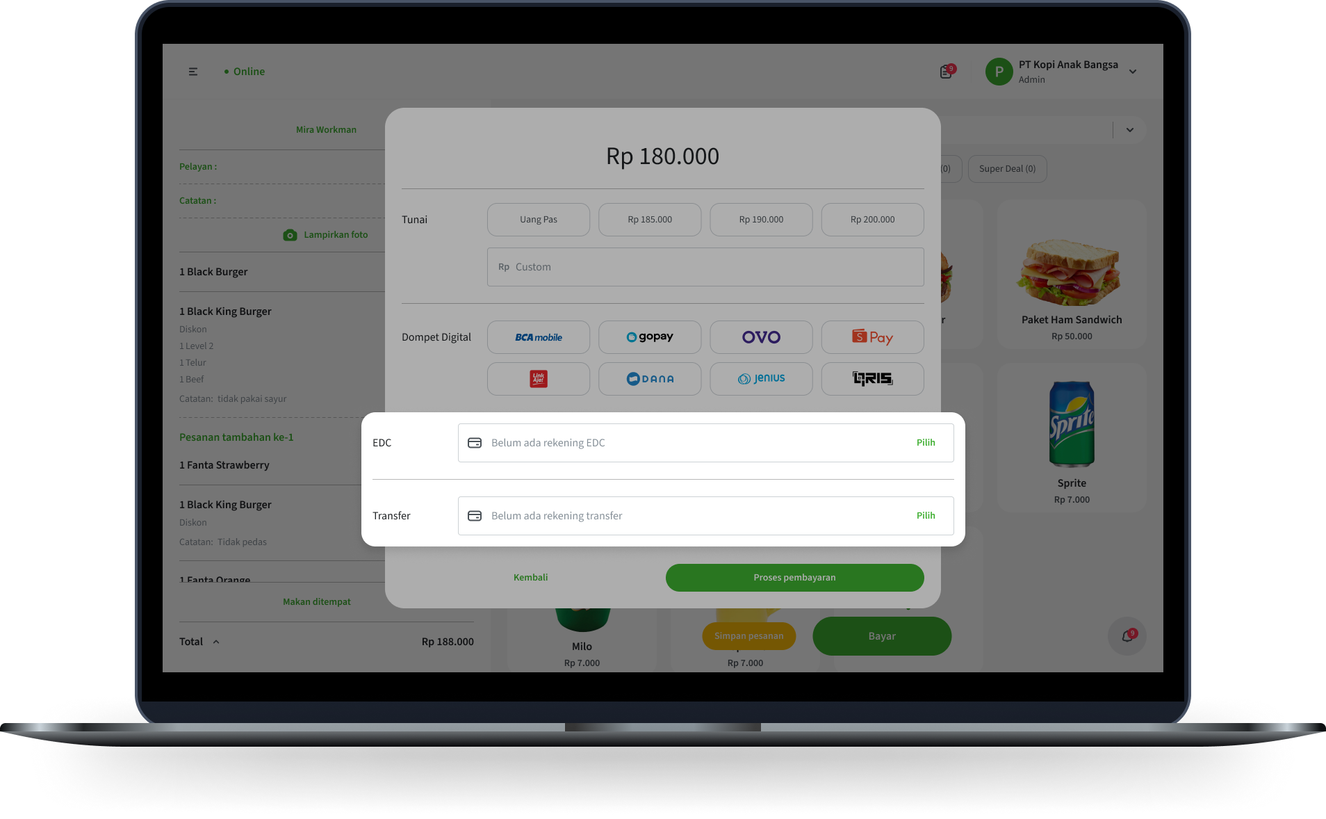 Tampilan proses pembayaran pelanggan di aplikasi kasir Nutapos