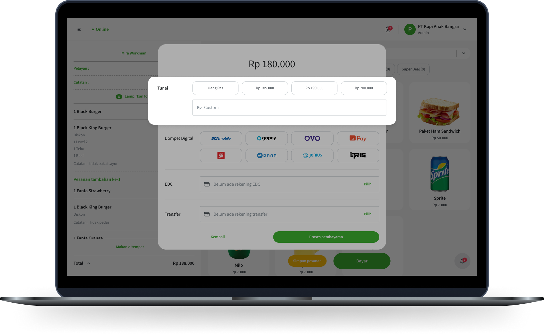 Tampilan proses pembayaran pelanggan di aplikasi kasir Nutapos