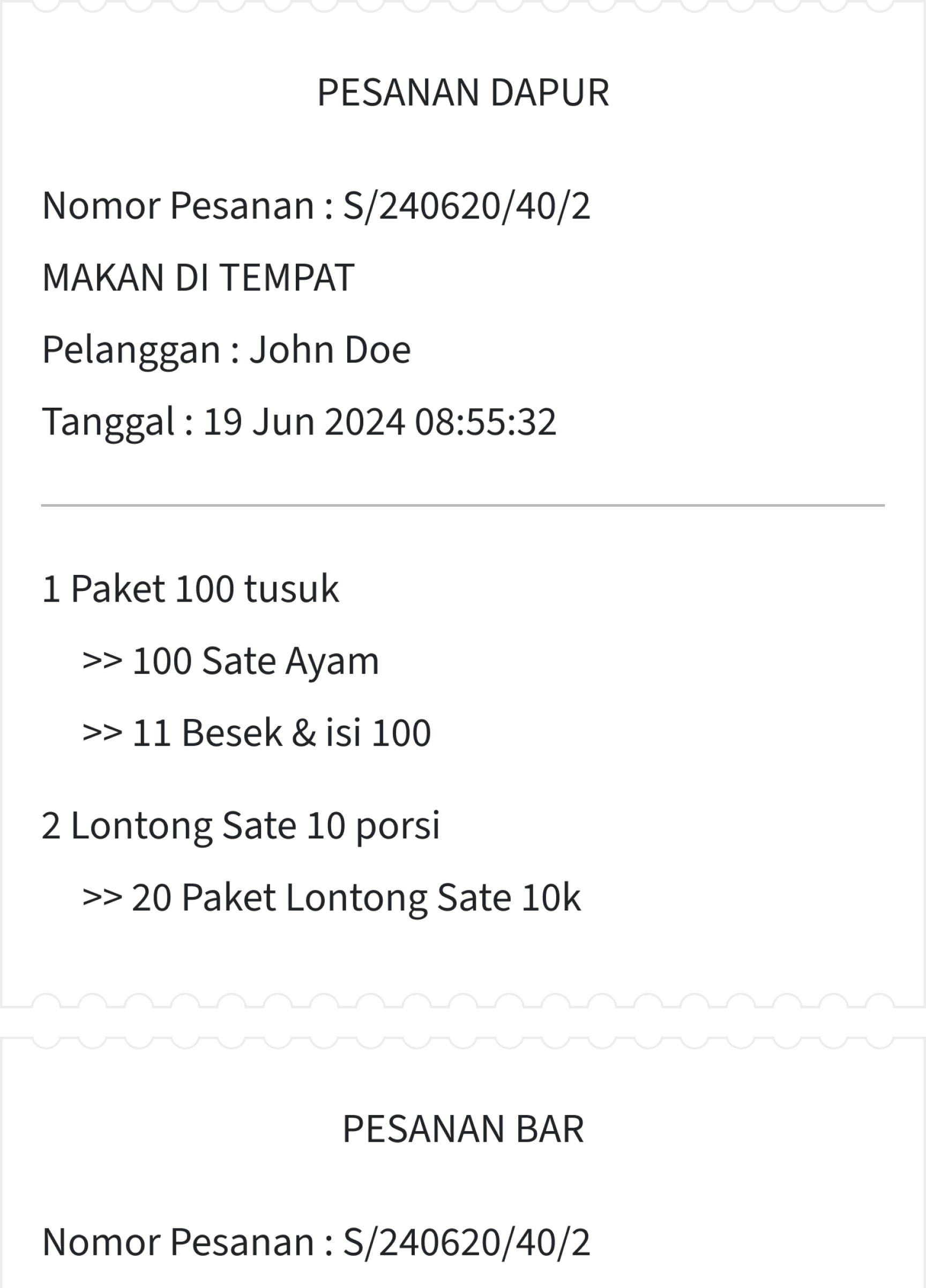 Tampilan nota yang dicetak untuk dapur dan bar