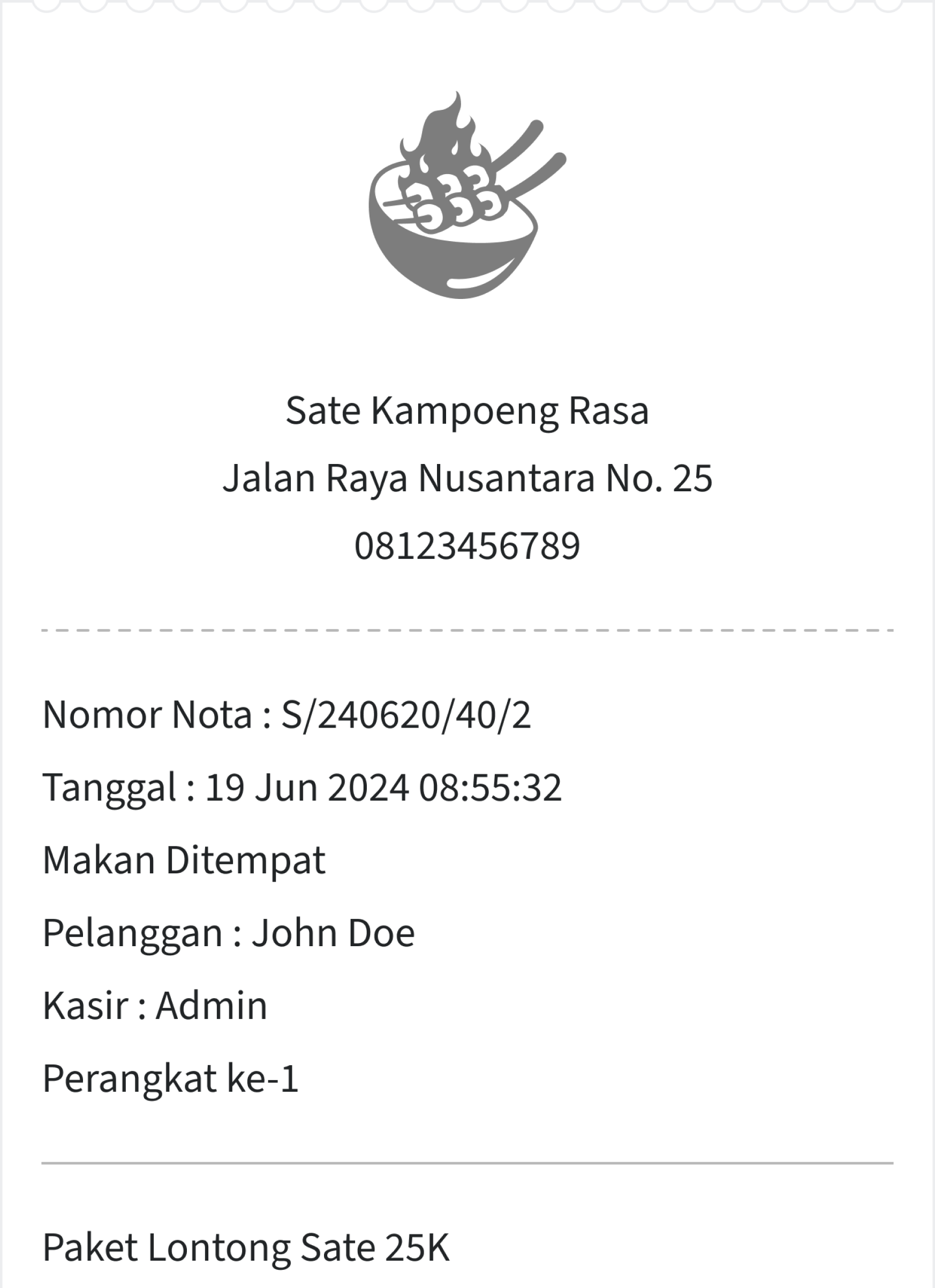 Tampilan nota yang dicetak untuk pelanggan