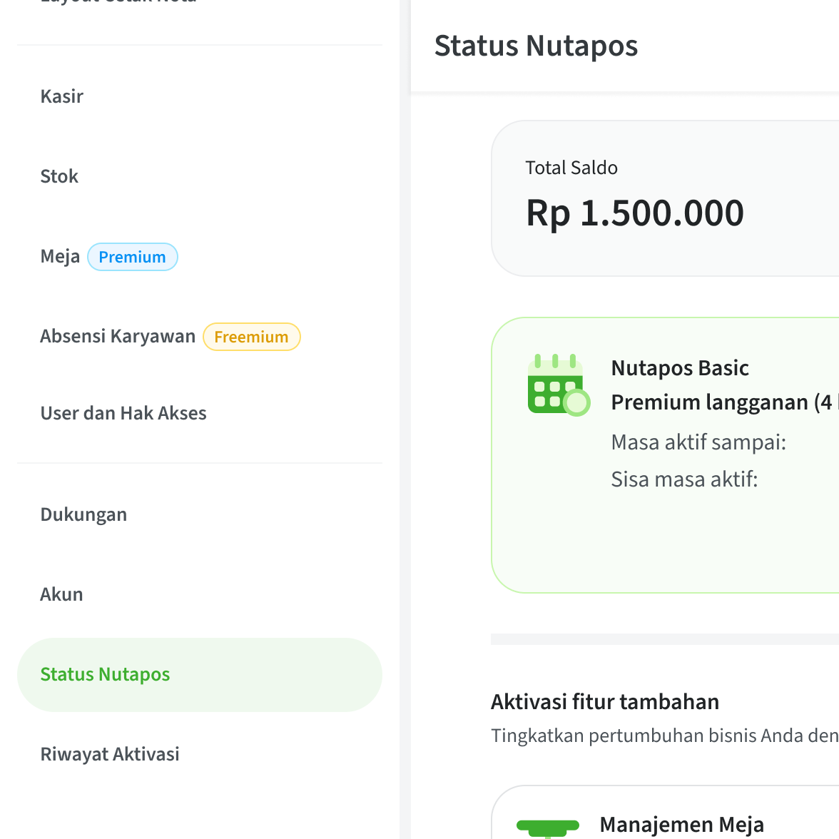 Menu Status Nutapos untuk memulai aktivasi fitur