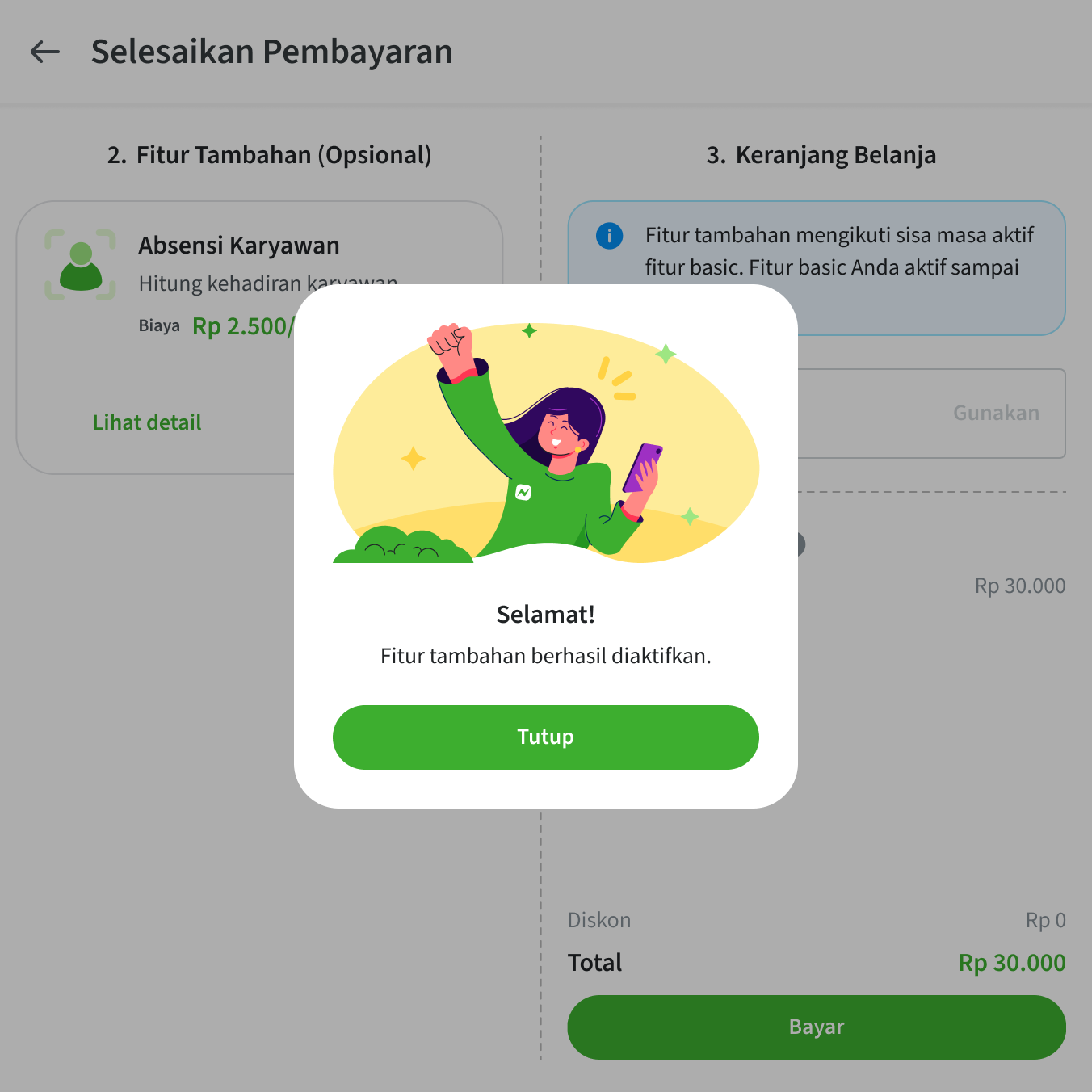 Notifikasi verifikasi berhasil dan fitur Absensi Foto aktif