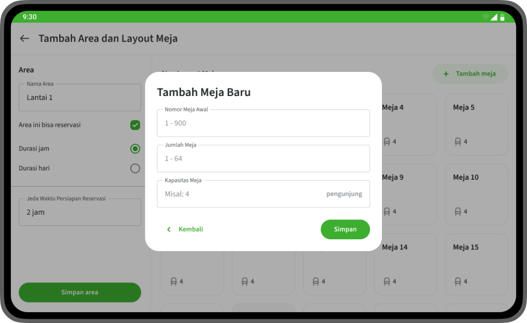 Tambah area dan meja baru? Tinggal klik dan geser di layar.