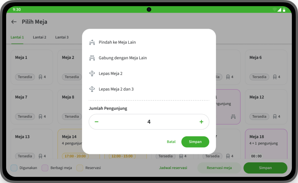 Tambah area dan meja baru? Tinggal klik dan geser di layar.