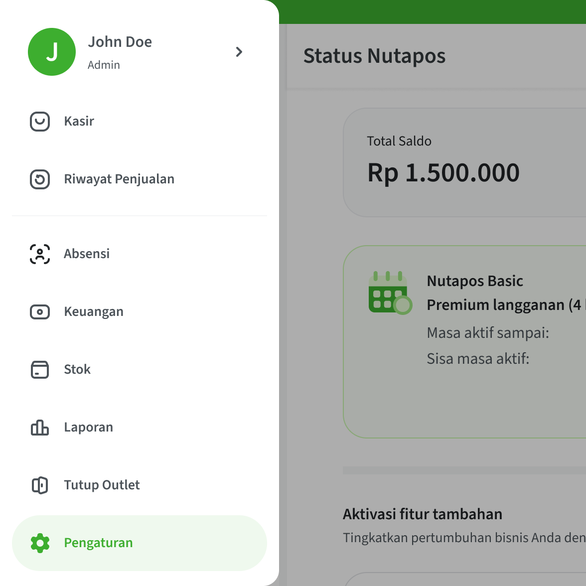 Tampilan antarmuka menu Pengaturan di aplikasi kasir Nutapos