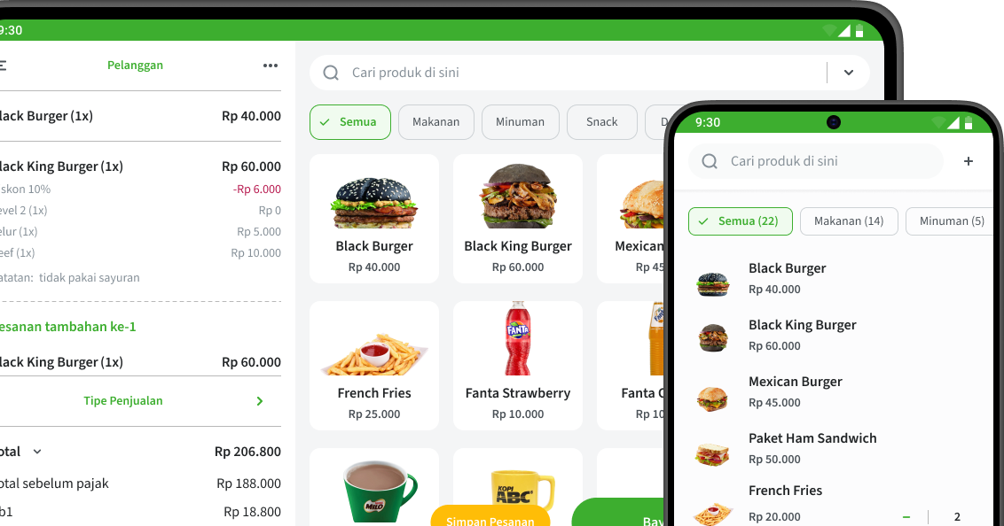 Interface aplikasi kasir Nutapos di laptop dan hp