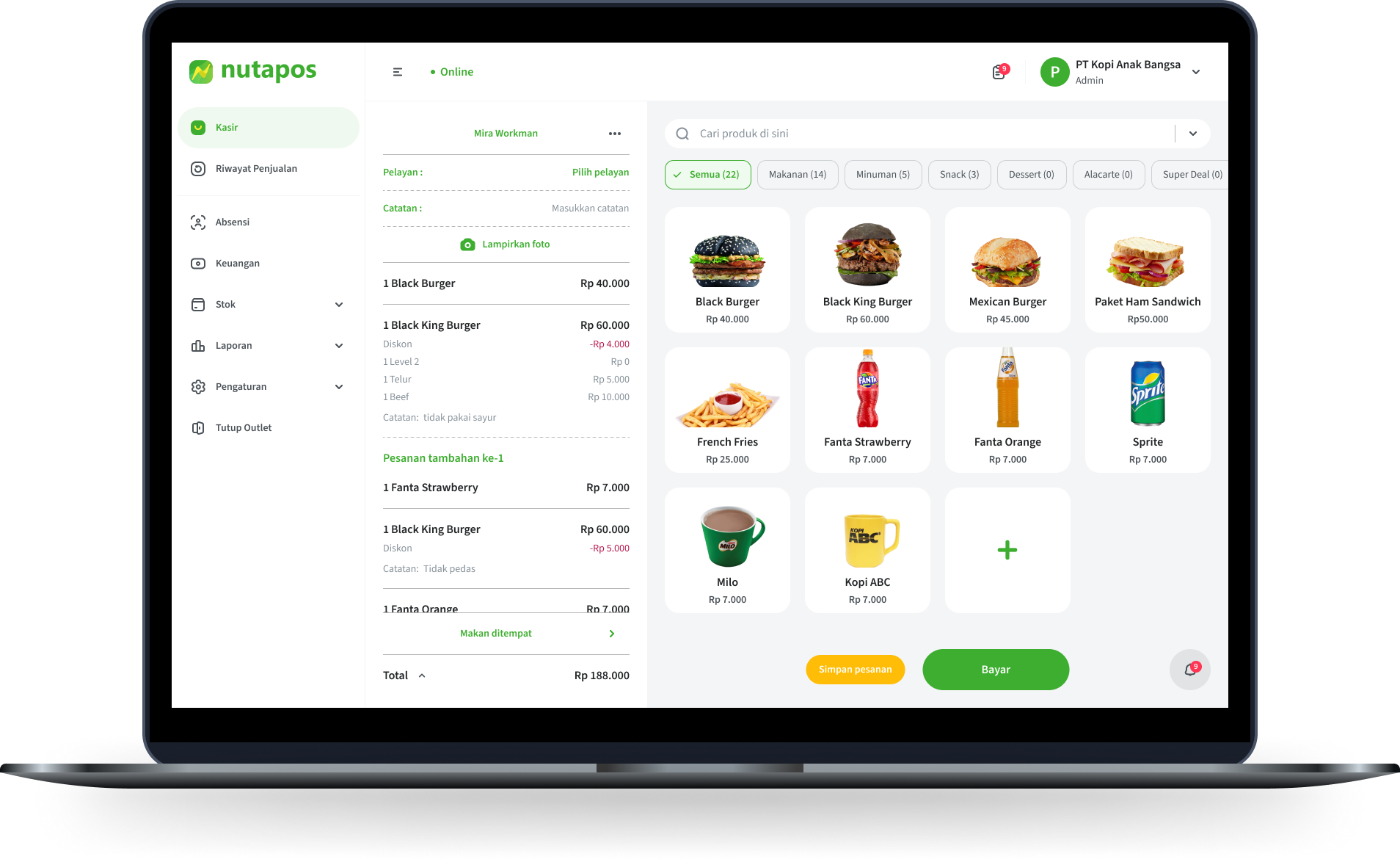 Tampilan layar utama kasir di sistem POS berbasis web Nutapos