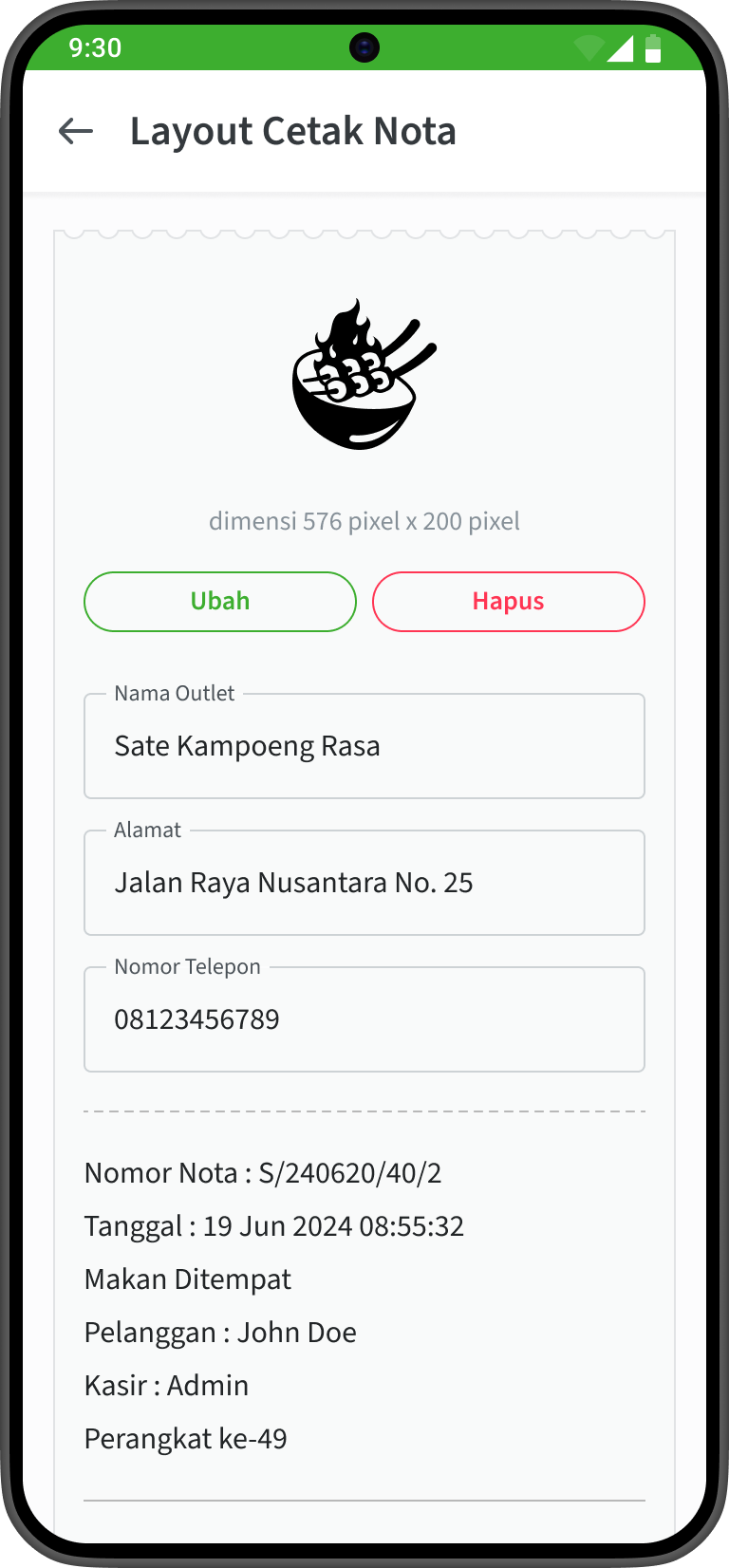 Tampilan UI fitur layout cetak nota di aplikasi kasir handphone