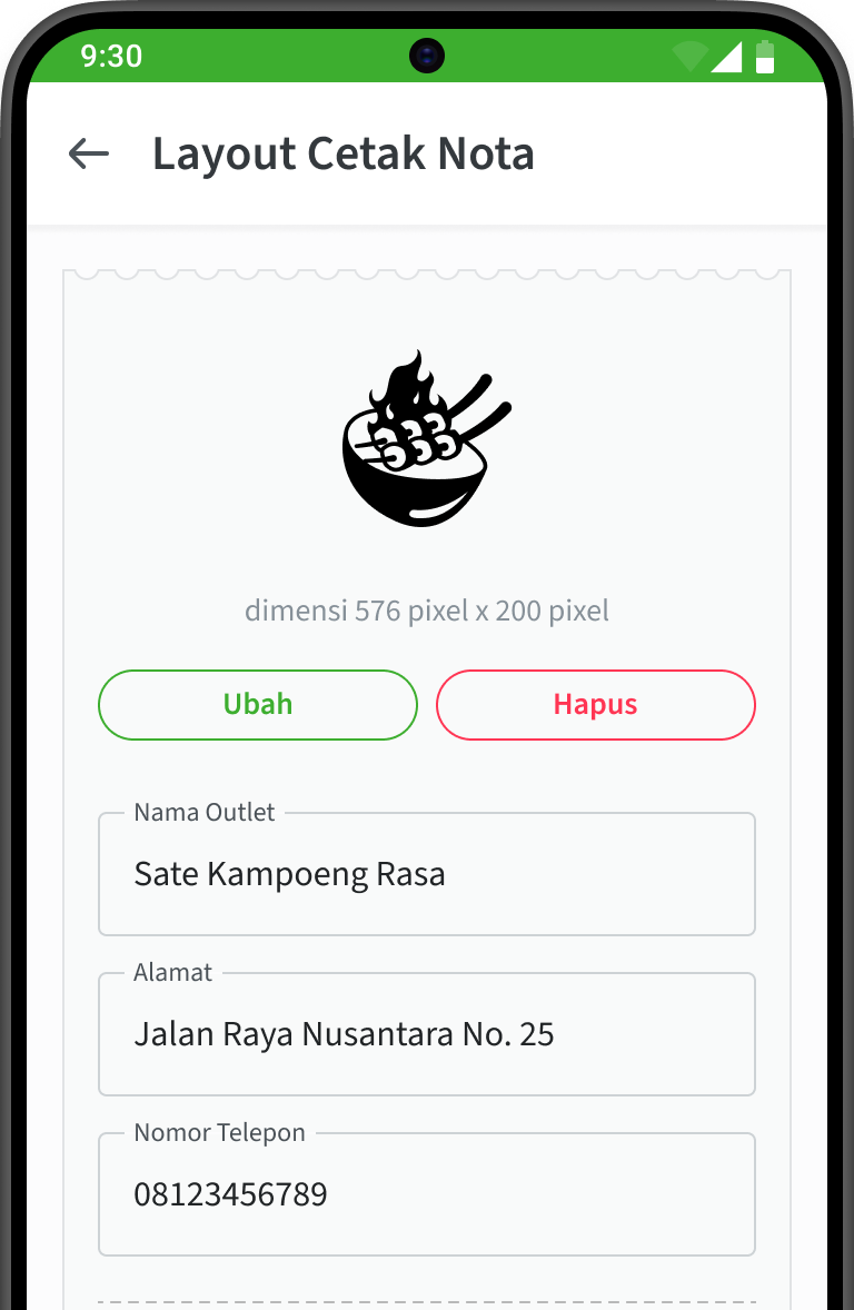 Tampilan UI fitur layout cetak nota pada aplikasi kasir handphone