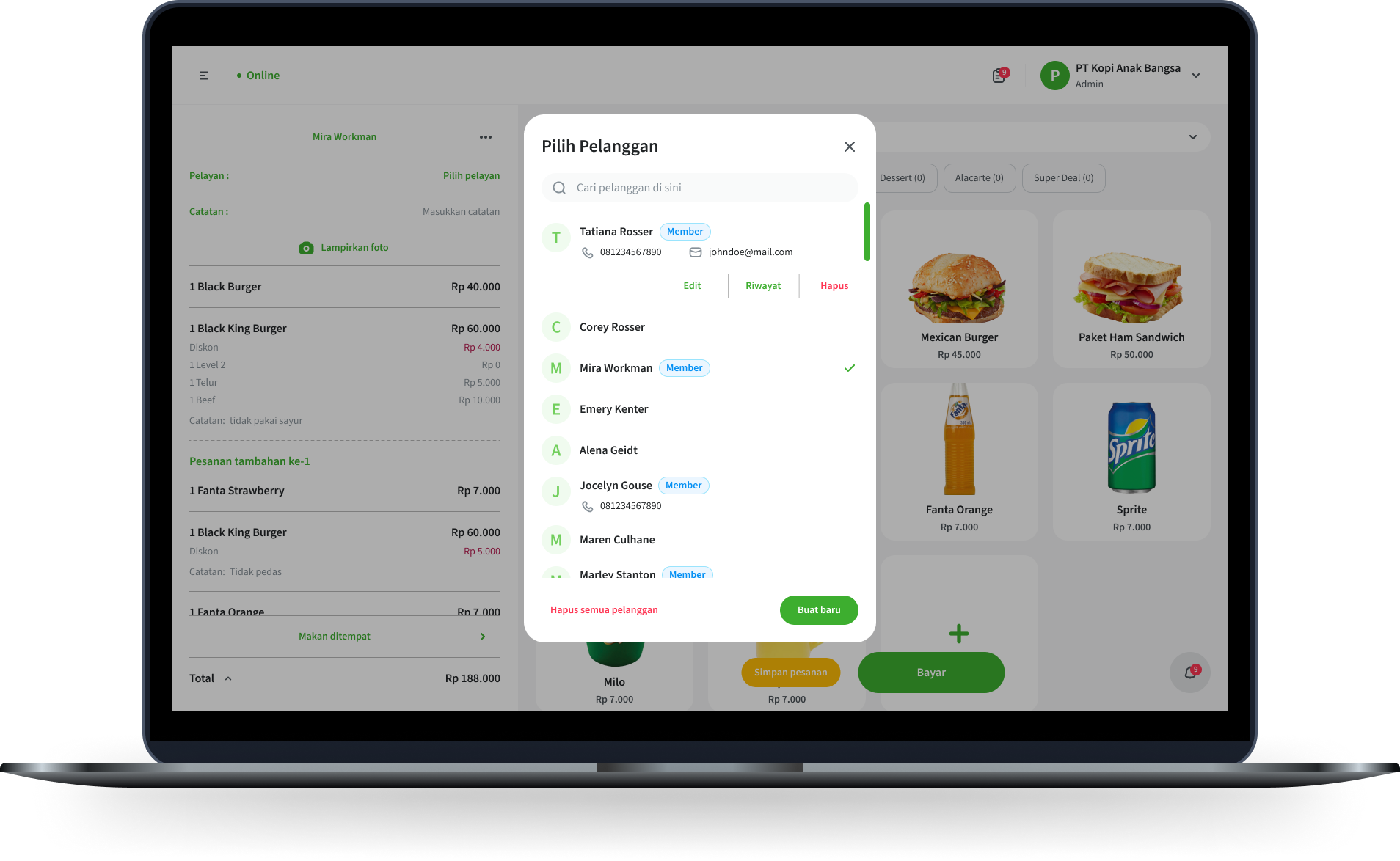 Tampilan fitur pelanggan di sistem POS berbasis web Nutapos