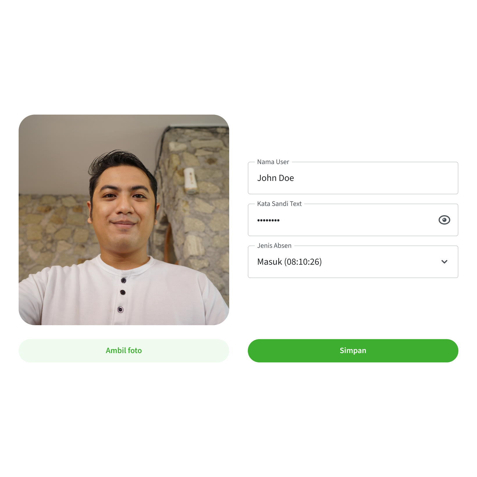 Tampilan layar pengisian username, password, dan jenis absensi